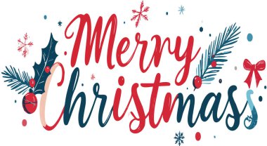 Kırmızı ve mavi renkli bir Noel mesajı gösteriliyor. Etrafı şenlikli çobanpüskülü, çam dalları, kar taneleri ve dekoratif bir yayla çevrili.