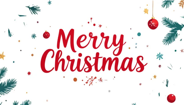 Dekoratif çam dalları, yıldızlar, kar taneleri ve süslü süslemelerle dolu beyaz arka planda mutlu noeller.