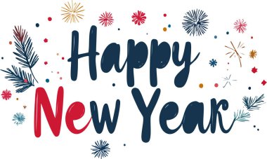 Mutlu yeni yıl tipografisi, karalama tarzı havai fişekler, konfetiler ve bir çam dalı ile çevrili bir tebrik kartı tasarımı yaratıyor.