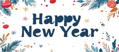 Kış dalları, şenlikli süsler ve beyaz üzerine konfetilerle süslenmiş kaligrafi metinlerinin yer aldığı mutlu yıllar.