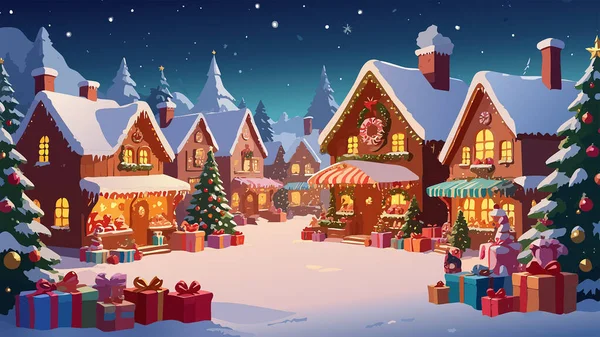 Süslü evleri, parlak pencereleri, karlı çatıları ve sayısız hediyeleri olan büyüleyici bir Noel köyünü tasvir eden samimi bir kış sahnesi.