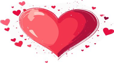 Kalp şeklinde çerçeve, sevgililer günü metni, kırmızı ve pembe kalpler ve beyaz arka planda konfeti romantik tebrik kartı tasarımı