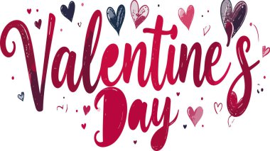 Sevgililer Günü şık bir tipografiyle yazılmış ve çeşitli kalplerle süslenmiş. Aşk, romantizm ve kutlama.