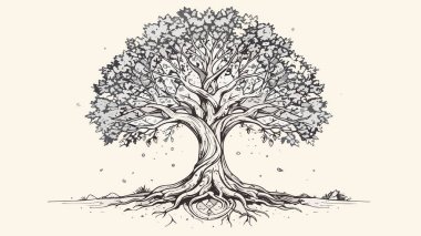 Birbirine dolanmış kökleri ve geniş gölgelikleri olan yaşam ağacı büyümeyi, bağlantıyı ve efsanevi antik bilgeliği sembolize ediyor.