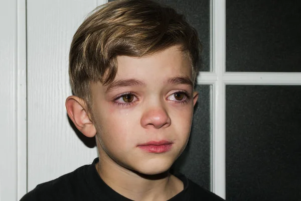 A small boy with brown eyes is crying with resentment, tears running down his cheek