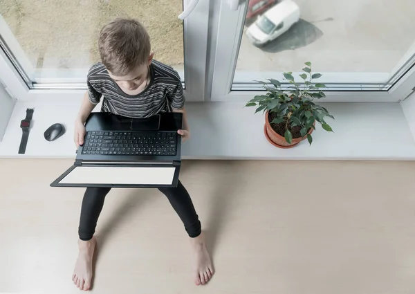 A small boy sits at a computer near the window in the apartment