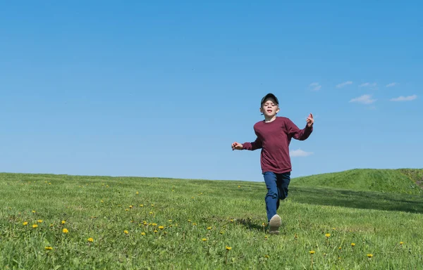 Mały Chłopiec Spaceruje Parku Miejskim Biega Trawniku — Zdjęcie stockowe