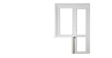 Beyaz plastikten yapılmış kapısı olan iki bileşenli pencere bloğu.