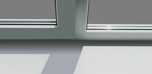 White plastic window with welding on the balcony, and plastic window sill