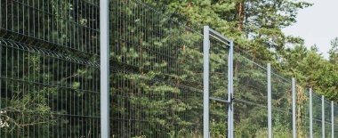 Ormanın yakınında kapısı ve kilidi olan metal bir çit.