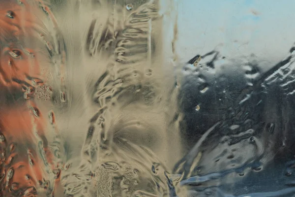 Vidro Uma Janela Plástico Com Geada Congelada Padrão Diversificado — Fotografia de Stock