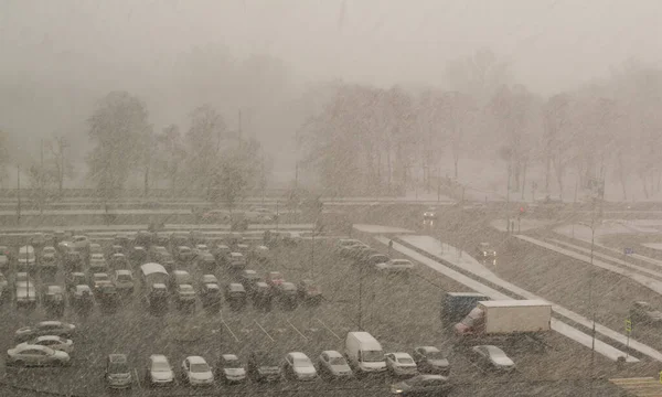 Blurry Image Parking Lot Cars Snow Storm Winter — Stock Photo, Image