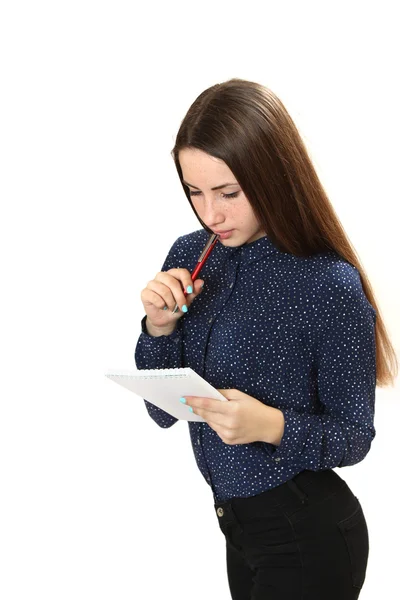defter ve kalem ile bir kız portresi. 