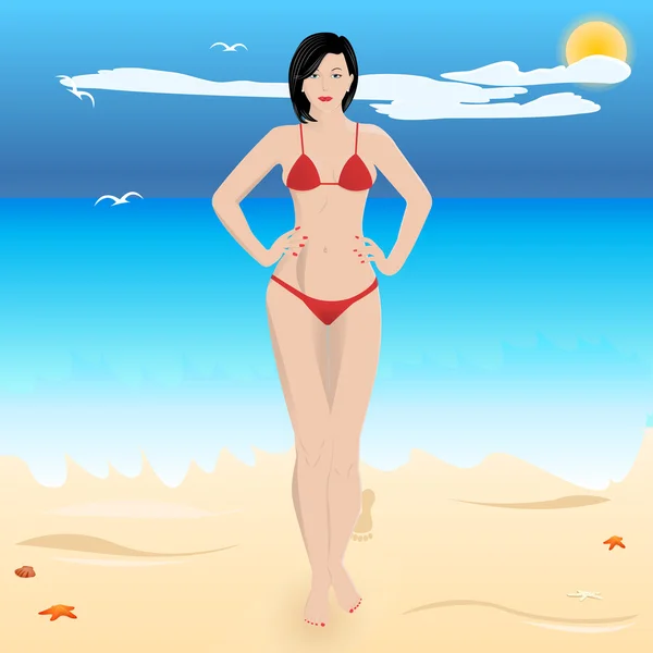 Schöne sexy Frau im Badeanzug am Strand. — Stockvektor