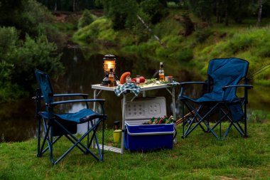 Picnic in nature. Folding furniture and snacks
