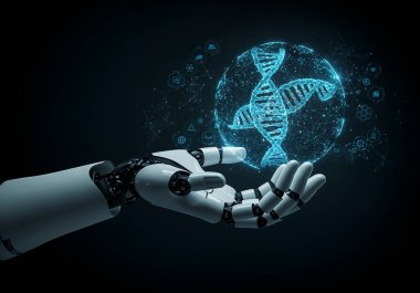 Sanal laboratuvarda parlayan holografik DNA sarmalını tutan robotik kol ve lens parlamaları gösteriliyor. Fütürist, teknoloji, yenilik, sibernetik, bilim, dijital, biyoteknoloji