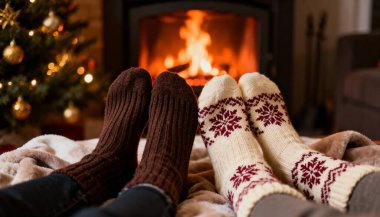 Noel çoraplarıyla iki çift ayak. Evin içinde bir Noel ağacı ve şömine..
