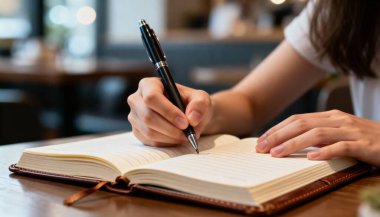 Bir kadının elleri kalemi defterin üstünde tutar..