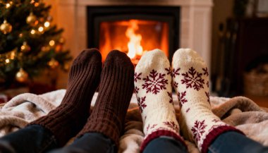Noel çoraplarıyla iki çift ayak. Evin içinde bir Noel ağacı ve şömine..