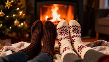 Noel çoraplarıyla iki çift ayak. Evin içinde bir Noel ağacı ve şömine..
