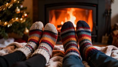 Noel çoraplarıyla iki çift ayak. Evin içinde bir Noel ağacı ve şömine..