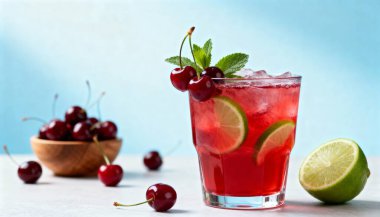 Göz hizasında yakın çekim, temiz bir bardakta taze kiraz ve nane yapraklarıyla süslenmiş parlak kırmızı bir kokteyl yakalar..