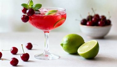 Göz hizasında yakın çekim, temiz bir bardakta taze kiraz ve nane yapraklarıyla süslenmiş parlak kırmızı bir kokteyl yakalar..