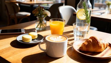 Kırsal bir tahtanın üzerinde taze pişmiş kruvasan ile servis edilen kalp şeklinde köpüklü nefis bir latte. Konforlu kafe anları ve gurme kahvaltı deneyimleri sergilemek için mükemmel..