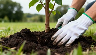 Bahçecilik eldivenleriyle Toprakta Ağaç dikmek