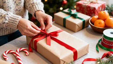 Kırmızı Kurdeleyle Noel Hediyesi Paketleme