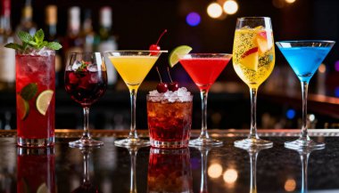 Bar tezgahında renkli kokteyller