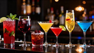 Bar tezgahında renkli kokteyller