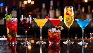 Bar tezgahında renkli kokteyller