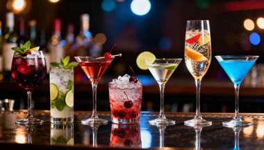 Bar tezgahında renkli kokteyller