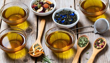 Farklı bitkisel çaylar ve ahşap masadaki kuru yapraklar.