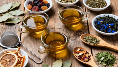 Farklı bitkisel çaylar ve ahşap masadaki kuru yapraklar.