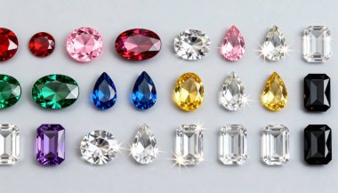 Beyaz arkaplanda izole edilmiş renk değerli taşları kümesi