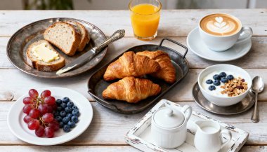 Beyaz ahşap masa, kruvasan reçel kahve portakal suyu. Geleneksel kahvaltı.