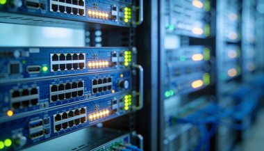 Mavi tonlu bir ortamda parlayan LED göstergelerini içeren, veri merkezinde modern teknolojiyi gösteren, rafa monte edilmiş bir sunucunun ayrıntılı bir yakın çekimi..