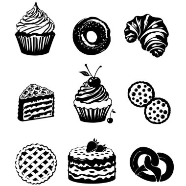 Siyah siluet pasta ve içinde kek, doğum günü pastası ve turta bulunan tatlı ikonu seti..