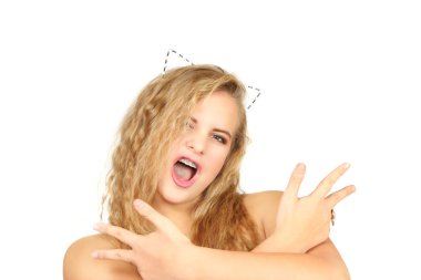 kız beyaz bir arka plan üzerinde yatay portresi