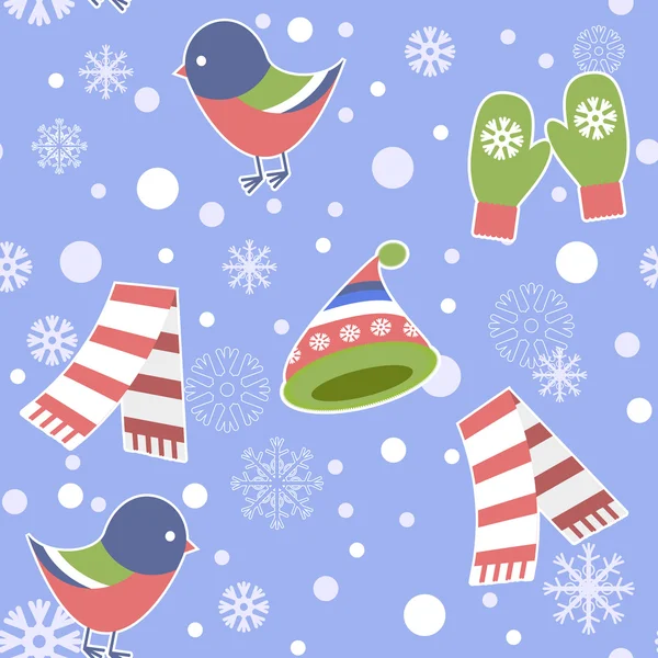 Бесшумный патч - Снежный хлопок, Вектор, Снег, Задний план, Сноу. теплый вязаный колпак и варежки, птичий лебедь, сани, шарф — стоковый вектор