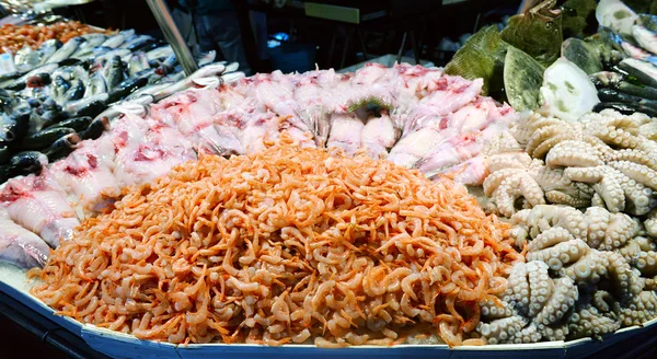 Showcases fish market, the shrimp in the foreground — Stock Photo, Image