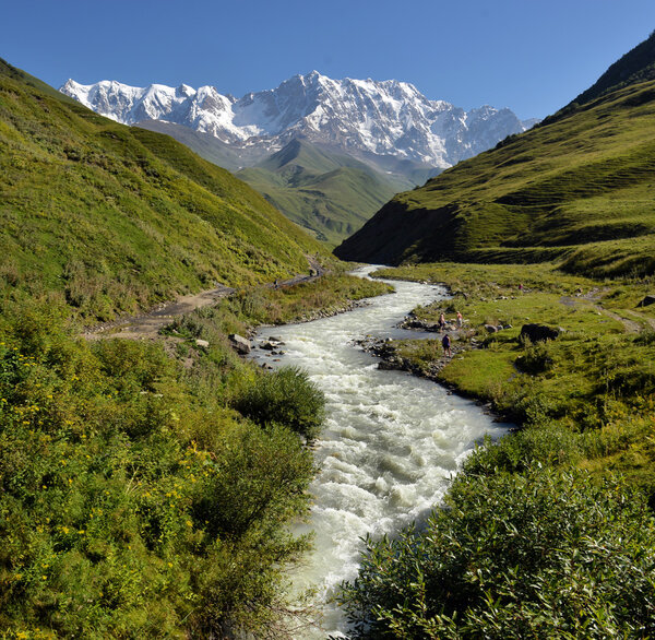 landscape with Caucasus Shkhara mountain in the upper Svaneti re