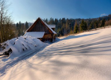 Kışın özel mülkleri olan Ukrayna Karpatlarının tipik manzarası