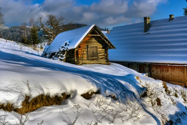 Paesaggio Tipico Dei Carpazi Ucraini Con Proprietà Private Inverno Foto Stock