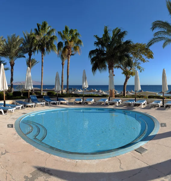 Piscina com espreguiçadeiras no hotel — Fotografia de Stock