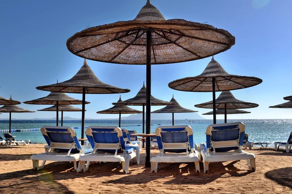 Rieten parasols op het strand — Stockfoto