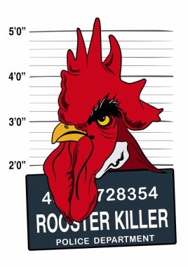 rooster killer mascot, police mugshot after arrest, vector illustration. clipart