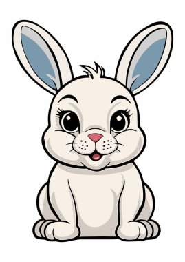 Gülümseyen beyaz bir tavşanın temsili. Büyük, tatlı gözleri, uzun, mavi kulakları ve pembe burnu var. Çizgi film tarzında, siyah bir arka planda. Logo ya da maskot kadar uygun..